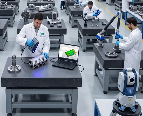 Laboratório de metrologia com profissionais realizando digitalização 3D, inspeção por braço de medição e análise dimensional em CAD.