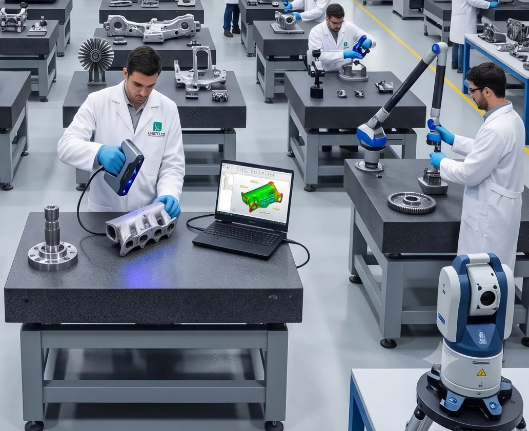 Laboratório de metrologia com profissionais realizando digitalização 3D, inspeção por braço de medição e análise dimensional em CAD.
