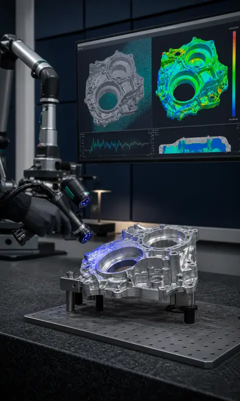 Digitalização 3D, engenharia reversa e inspeção dimensional de componente mecânico em laboratório.